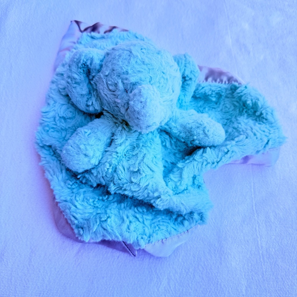 Elephant Baby Security Blanket Lovey Aqua Blue Plush Rosebud Satin Trim 14x14 - Picture 5 of 9